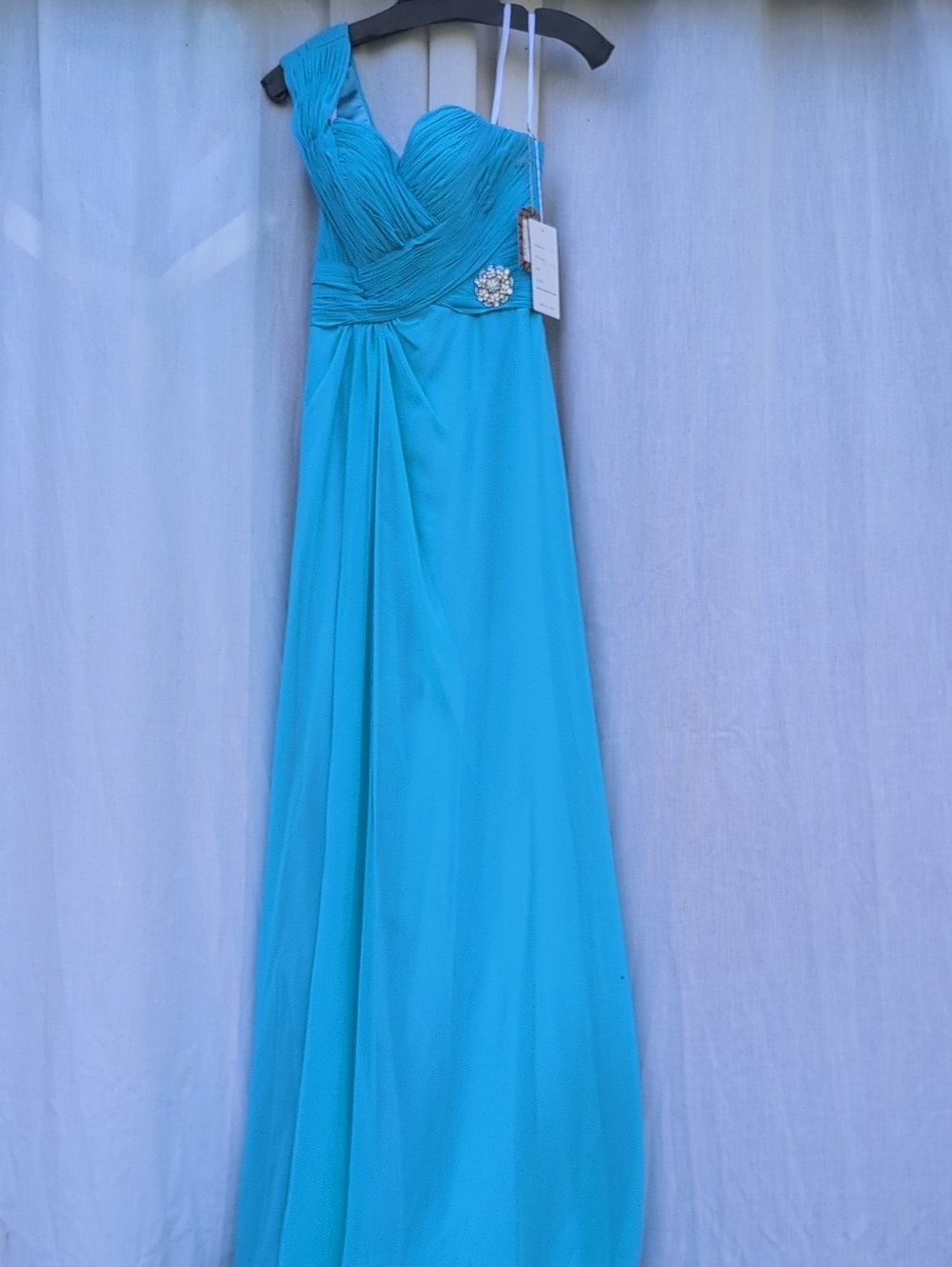 2 Cute Light Blue Asymmetrical One-Shoulder Prom Gown with Brooch